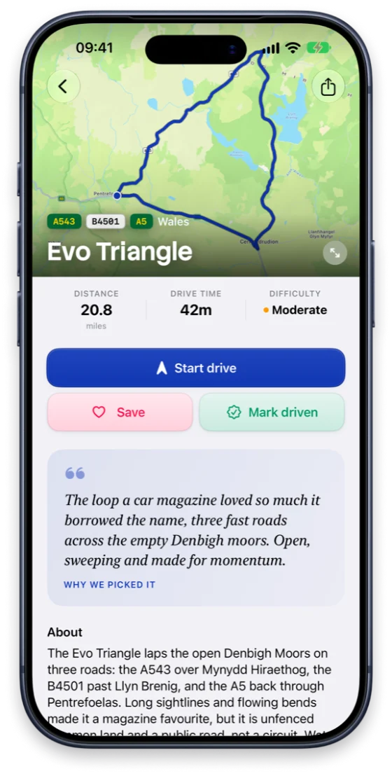 Routes app: a road page, the Evo Triangle