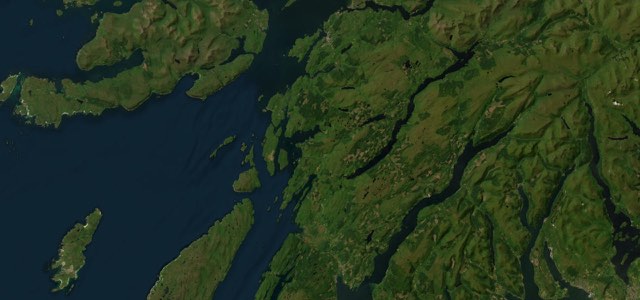 Satellite map of Oban to Lochgilphead, Scotland