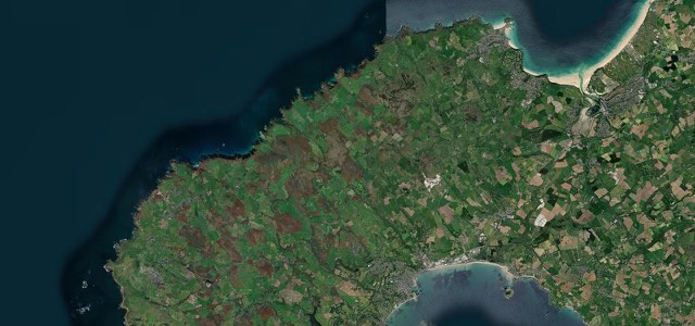 Satellite map of St Ives to St Just, Southern England