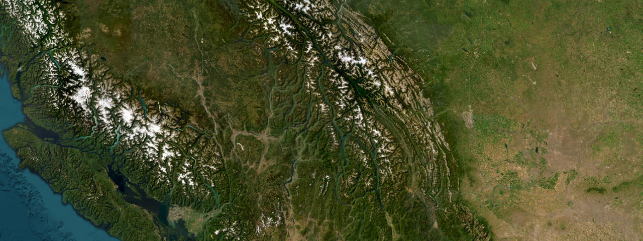 Satellite view of the Canadian Rockies & Coast roads