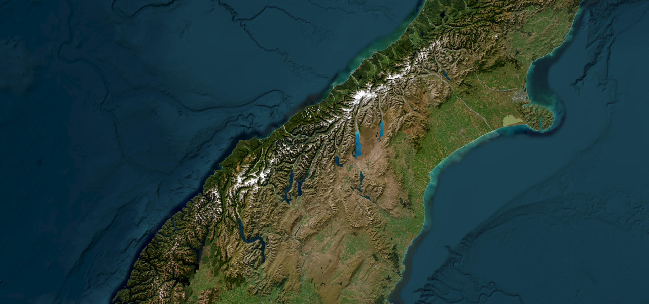 Satellite map of the South Island driving tour, New Zealand