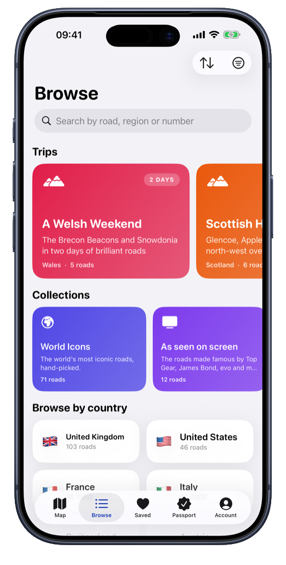 Routes app: browsing the road catalogue