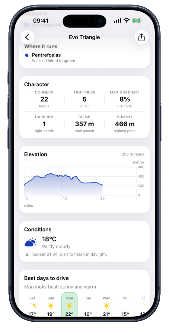 Routes app: road character and stats