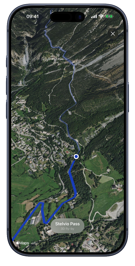 Routes app: satellite view of a pass