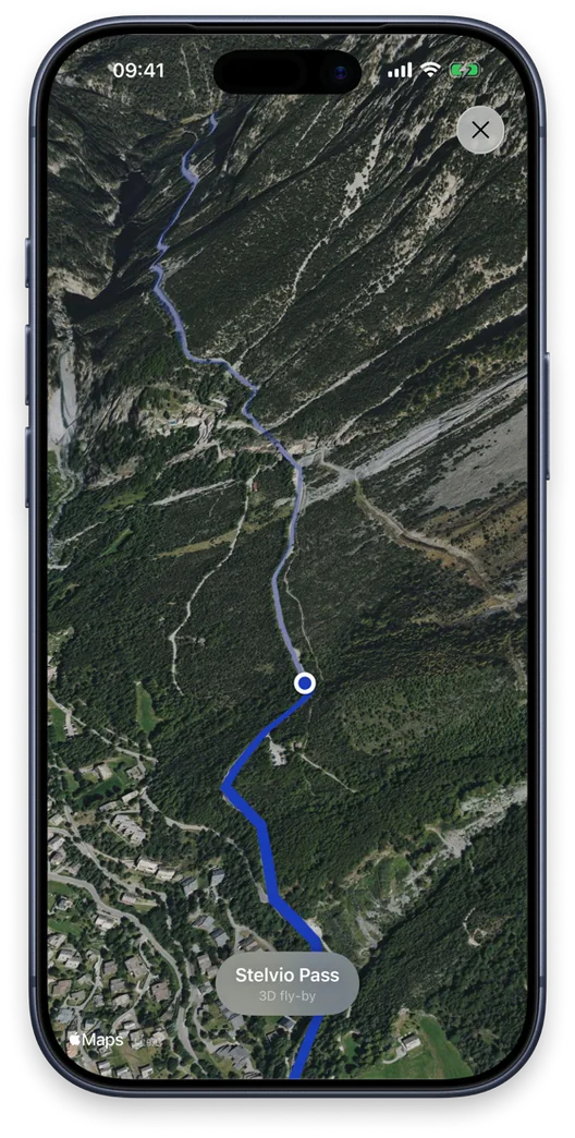 Routes app: satellite view of a pass